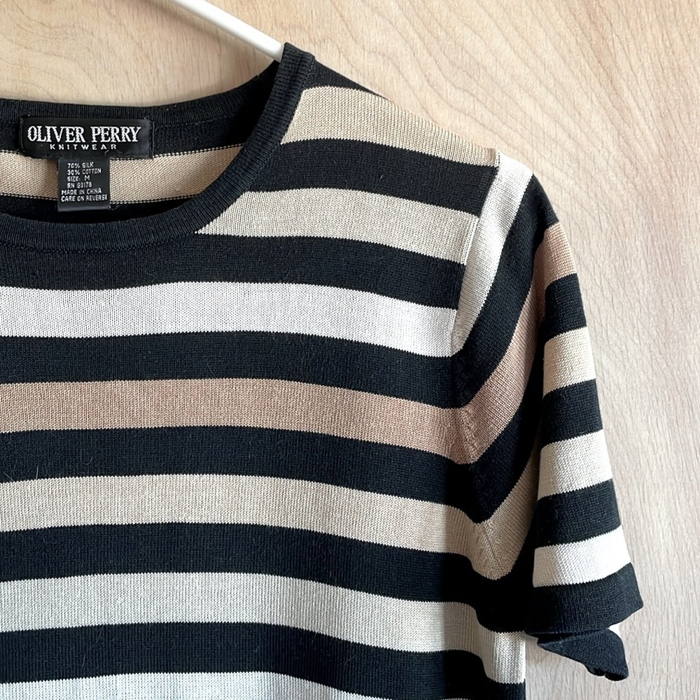 OLIVER PERRY Silk Cotton Crew Neck Knit Top Short Sleeve Black White Tan Med